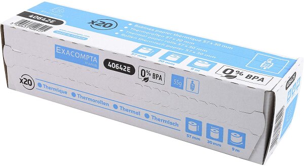 Exacompta 40642E Packung (mit 20 Kassenrollen, ideal für Kartenzahlung, 57 x 30mm, 1-lagig thermisch, 55g/qm, BPA-frei) 1er Pack (1 x 20 Stück) weiß