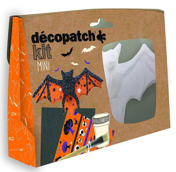 Décopatch Bastel Set Pappmaché Mini Fledermaus (ideal für Helloween u. Kinder, 19 x 13,5 x 3,5 cm) orange, schwarz