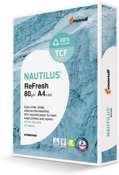 Mondi Nautilus Refresh 80g/m² DIN-A4 TrioTec 500 Blatt Papier weiß 30% recycling