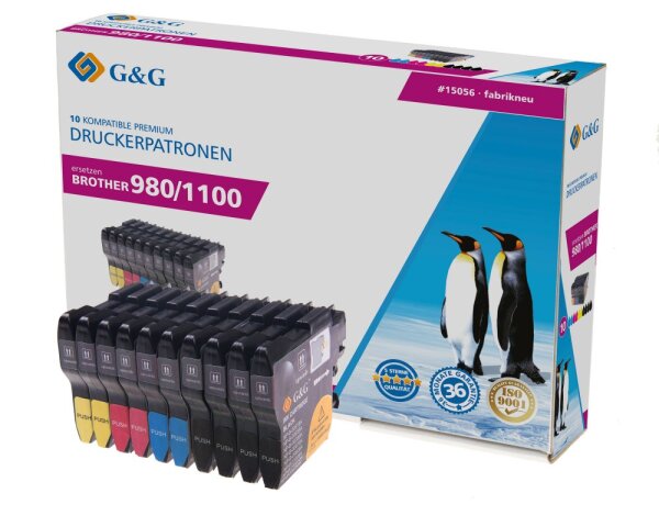 G&G Tinte ersetzt Brother LC-980 / LC-1100 Kompatibel 10er-Pack Schwarz, Cyan, Magenta, Gelb 15056