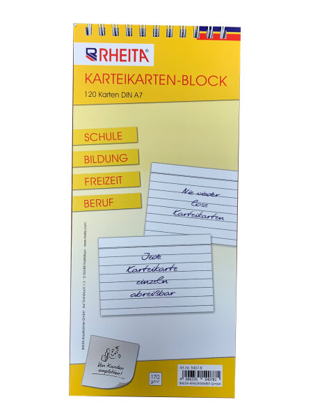 Karteikarten-Block liniert DIN A7 mit 120 Karten 170g/m² ideal für Schule Bildung Freizeit u. Beruf