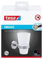 Tesa Smooz Zahnputzbecherhalter (NICHT BOHREN, verchromt, satiniertes Glas, inkl. Klebelösung, belastbar bis 6kg, 125mm x 80mm x 115mm) 40327-00000