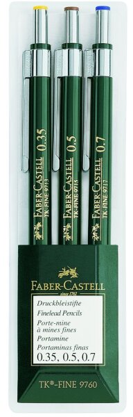 Faber-Castell 136030 - 3er Set Druckbleistifte TK-FINE 9760, Minenstärken: 0,35 mm; 0,5 mm + 0,7 mm, Schaftfarbe: grün