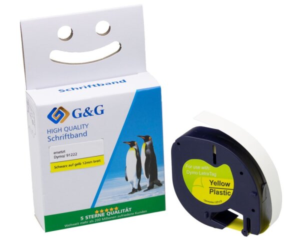 G&G Schriftband kompatibel zu Dymo D1/91222/S0721670 (12mm x 4m) schwarz auf gelb KUNSTSTOFF