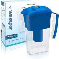 Wessper Wasserfilter Krug 2.5L AQUApro mit 1 alkalische Filterkartusche, BPA-frei, Elektro.Timer, BLAU