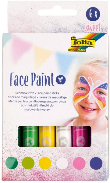 folia 380601 - Face Paint Schminkstifte Sweet, 6 farbig sortierte Stifte für Kinder, dermatologisch getestet, wischfest, mit Wasser und Seife abwaschbar, ideal für Karneval, Fasching und Theater