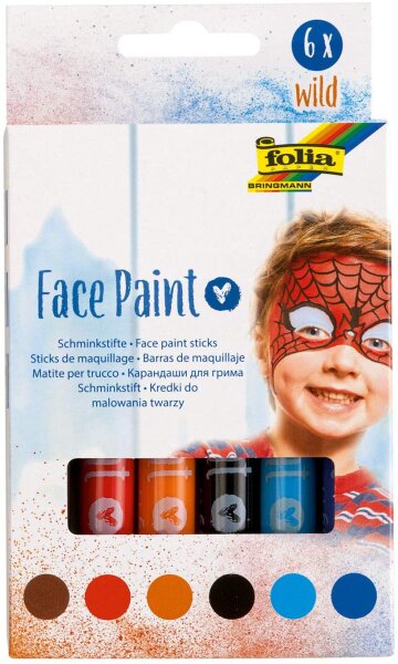 folia 380602 - Face Paint Schminkstifte Wild, 6 farbig sortierte Stifte für Kinder, dermatologisch getestet, wischfest, mit Wasser und Seife abwaschbar, ideal für Karneval, Fasching und Theater