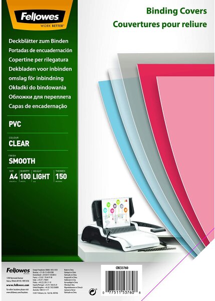 Fellowes 5376001 PVC Deckblätter, A4, 150 Mikron, transparent, 100er Pack