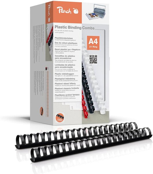 Peach PB428-02 Binderücken, Plastikbindung, DIN A4, Bindekapazität 280 Seiten, 50 Stück Schwarz