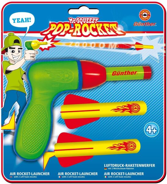 Paul Günther 1541 - Mc Squeezy Pop Rocket, Luftdruckraketenwerfer für Kinder mit 2 Weichschaumraketen, geeignet für drinnen und draußen