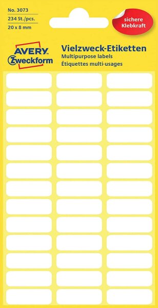 Avery Zweckform 3073 Haushaltsetiketten selbstklebend (20 x 8 mm, 234 Aufkleber auf 6 Bogen, Vielzweck-Etiketten für Haushalt, Schule und Büro zum Beschriften und Kennzeichnen) blanko, weiß