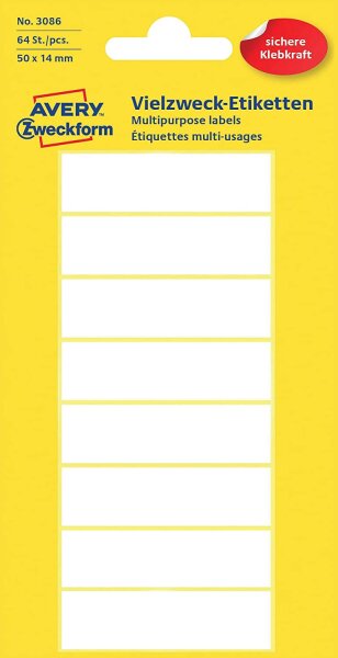 Avery Zweckform 3086 Haushaltsetiketten selbstklebend (50 x 14 mm, 64 Aufkleber auf 8 Bogen, Vielzweck-Etiketten für Haushalt, Schule und Büro zum Beschriften und Kennzeichnen) blanko, weiß