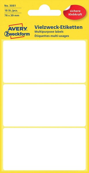 Avery Zweckform 3081 Haushaltsetiketten selbstklebend (76 x 39 mm, 18 Aufkleber auf 6 Bogen, Vielzweck-Etiketten für Haushalt, Schule und Büro zum Beschriften und Kennzeichnen) blanko, weiß