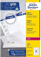 AVERY Zweckform L7160-100 Adressetiketten/Adressaufkleber (2.100 Etiketten mit ultragrip, 63,5x38,1mm auf A4, bedruckbar, selbstklebend, für DIN B6/C6 Briefkuverts, Papier matt) 100 Blatt, weiß