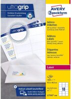 AVERY Zweckform L7161-100 Adressetiketten/Adressaufkleber (1.800 Etiketten mit ultragrip, 63,5x46,6mm auf A4, bedruckbar, selbstklebend, für DIN B6/C6 Briefkuverts, Papier matt) 100 Blatt, weiß