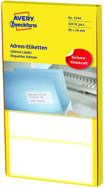 AVERY Zweckform 3344 Adress-Etiketten (Papier matt, 320 Etiketten, 89 x 36 mm) 1 Pack weiß