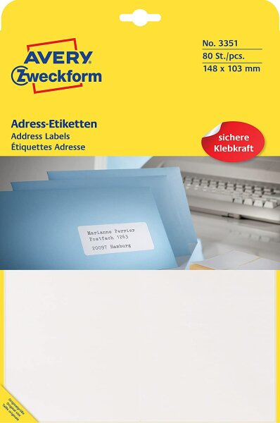AVERY Zweckform 3351 Adress-Etiketten (Papier matt, 80 Etiketten, 148 x 103 mm, 20 Blatt) weiß