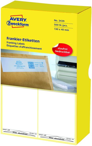 AVERY Zweckform 3439 Frankier-Etiketten (Papier matt, 500 Etiketten, 130 x 40 mm) 1 Pack weiß