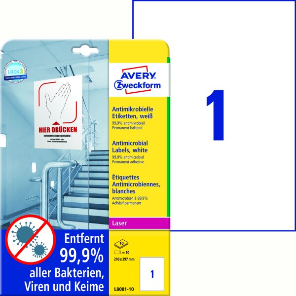 Avery Zweckform L8001-10 Antimikrobielle Etiketten weiß, 210 x 297 mm, 10 Bogen/10 Etiketten, weiß