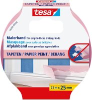 tesa Malerband TAPETEN – Dünnes Abdeckband für präzises Abkleben – geeignet für empfindlichen Oberflächen im Innenbereich – 25 m x 25 mm