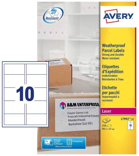 Avery L7992-25 Wetterfeste Versandetiketten (10 Stück pro Blatt, 99,1 x 57 mm) 250 Etiketten weiß
