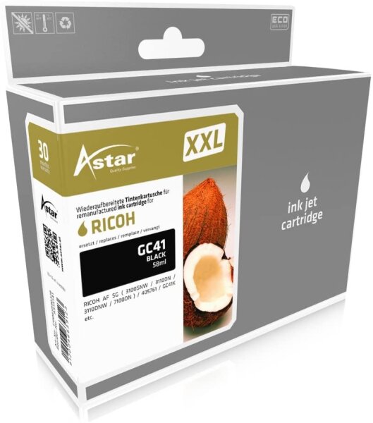 ASTAR AS15141 Tintenpatrone kompatibel mit RICOH GC41 ( 405761 ) 3750 Seiten, Schwarz, XXL (50% Mehrleistung)