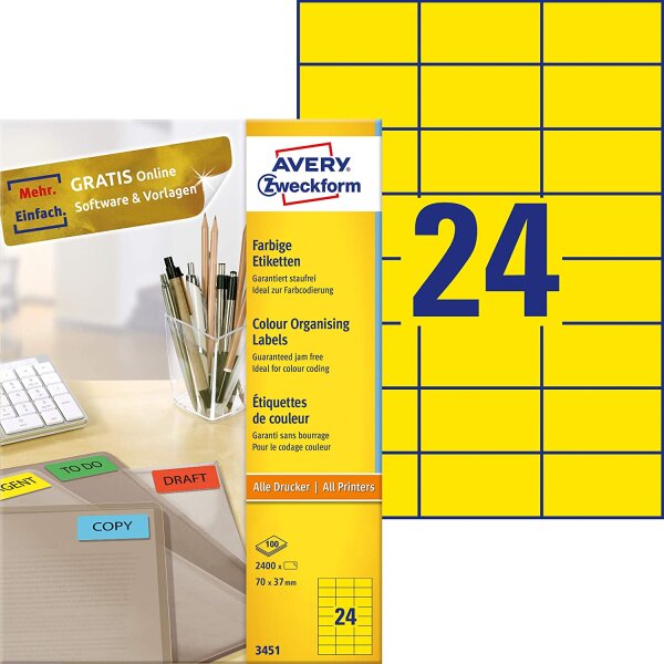 AVERY Zweckform 3451 Gelbe Etiketten (2.400 Aufkleber, 70x37mm auf A4, permanent haftende, selbstklebende Farbetiketten, Papier matt, bedruckbare, farbige Klebeetiketten) 100 Blatt