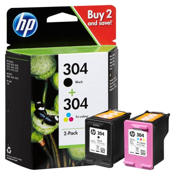 HP 304 Multipack Original Druckerpatronen (Schwarz, Farbe) für HP DeskJet , 2er Packung