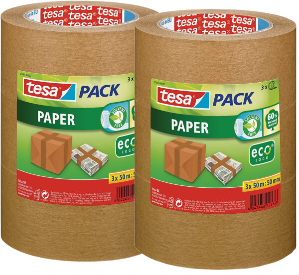 tesa Pack Paper ecoLogo im 6er Pack - Umweltgerechtes Paketband aus Papier, 60 % biobasiertes Material - Braun - 6 Rollen je 50 m