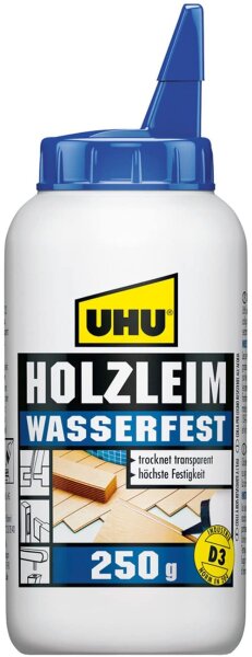 GP:31,96€/L UHU Holzleim Wasserfest Flasche, Universeller und wasserfester Weißleim - geeignet für alle üblichen Holzarten und -verklebungen, 250 g