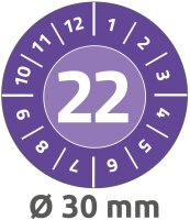 AVERY Zweckform 80 Stück Prüfplaketten 2022 (fälschungssicher, stark selbstklebend, Ø 30 mm, Prüfaufkleber, beschriftbare Prüfsiegel aus Dokumentenfolie) 6946-2022 violett