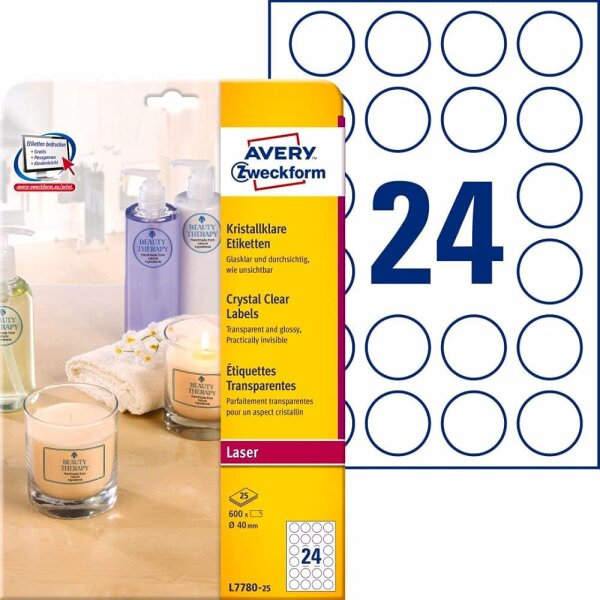 AVERY Zweckform L7784-25 transparente Etiketten (25 Klebeetiketten, 210x297mm auf A4, Aufkleber zum Bedrucken, selbstklebend, wetterfest, Beschriftungen/Produktaufkleber) 25 Blatt, durchsichtig