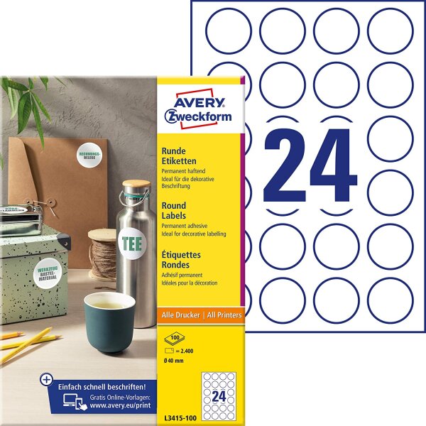 AVERY Zweckform L3415-100 runde Etiketten (zum Bedrucken, selbstklebend, Ø 40 mm, A4, 2.400 Aufkleber auf 100 Blatt, Klebepunkte zum Kennzeichnen von Unterlagen, Produkten) weiß