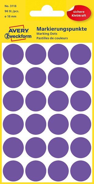 AVERY Zweckform 3118 Selbstklebende Markierungspunkte, Violett (Ø 18 mm; 96 Klebepunkte auf 4 Bogen; Runde Aufkleber für Kalender, Planer und zum Basteln) Papier, matt