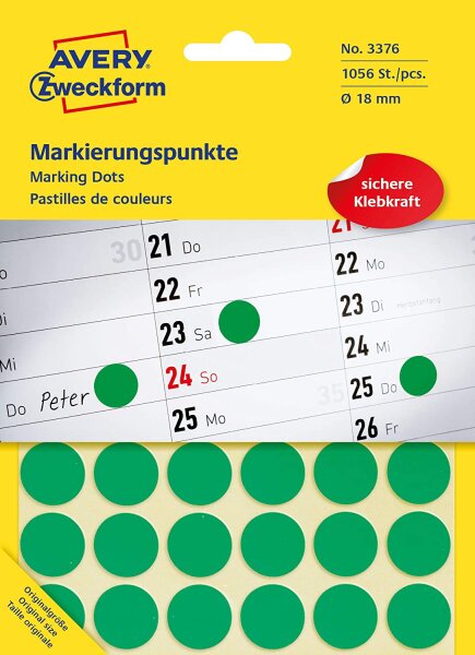 AVERY Zweckform 3376 selbstklebende Markierungspunkte (Ø 18 mm, 1.056 Klebepunkte auf 22 Bogen, runde Aufkleber für Kalender, Planer und zum Basteln, Papier, matt) grün