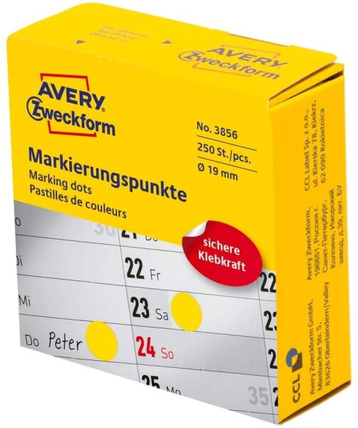 AVERY Zweckform 3856 selbstklebende Markierungspunkte (ø 19 mm, 250 Klebepunkte auf Rolle im Spender, runde Aufkleber für Kalender, Planer und zum Basteln) gelb
