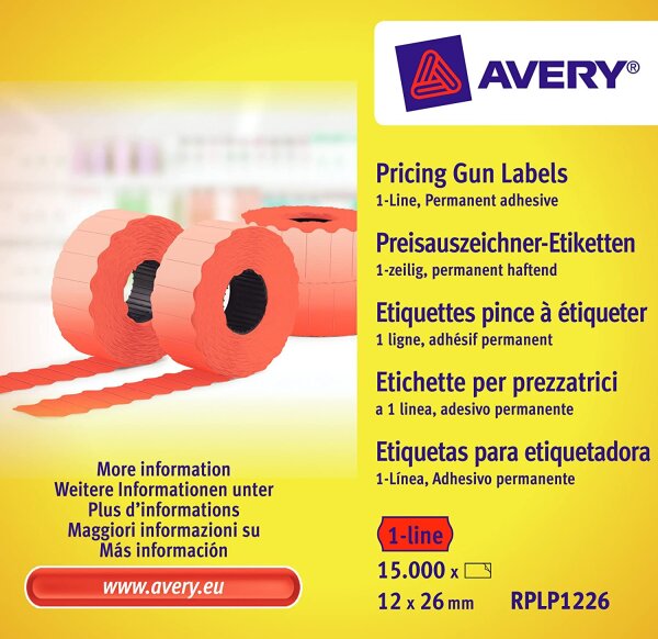 AVERY Zweckform RPLP1226 Preisauszeichner-Etiketten (15.000 Stück, 1-zeilig, 12 x 26 mm) 10 Rollen rot