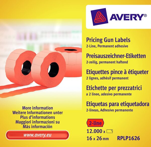 AVERY Zweckform RPLP1626 Preisauszeichner-Etiketten (12.000 Stück, 2-zeilig, 16 x 26 mm) 10 Rollen rot