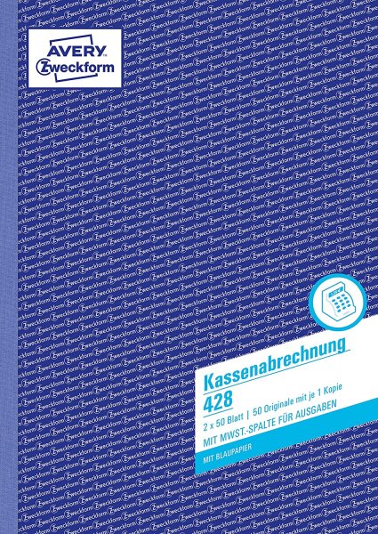 AVERY Zweckform 428 Kassenabrechnung (A4, mit MwSt.-Spalte, von Rechtsexperten geprüft, für Deutschland und Österreich zur ordnungsgemäßen, kostengünstigen Buchführung, 2x50 Blatt)