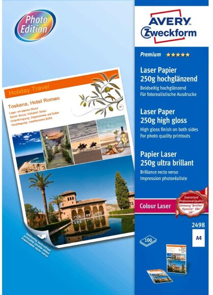 AVERY Zweckform 2498 Premium Colour Laser Papier (A4, beidseitig beschichtet, hochglänzend, 250 g/m², 100 Blatt)