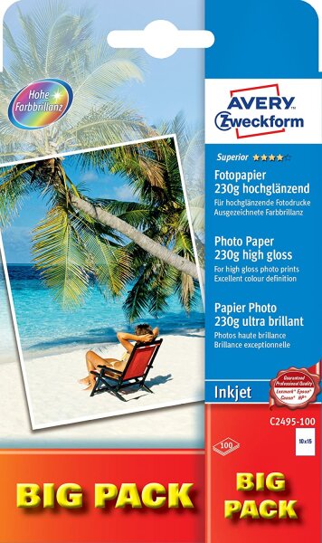 AVERY Zweckform C2495-100 Superior Inkjet Fotopapier (A6, einseitig beschichtet, hochglänzend, 230 g/m², 100 Blatt)