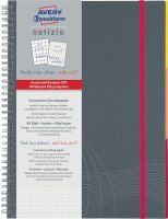 AVERY Zweckform 7017 Notizbuch notizio (A4, Kunststoff-Cover, Doppelspirale, kariert, 90 g/m², 90 Seiten mikroperforiert, Notizblock mit Verschlussband, Registern und Dokumententasche) grau