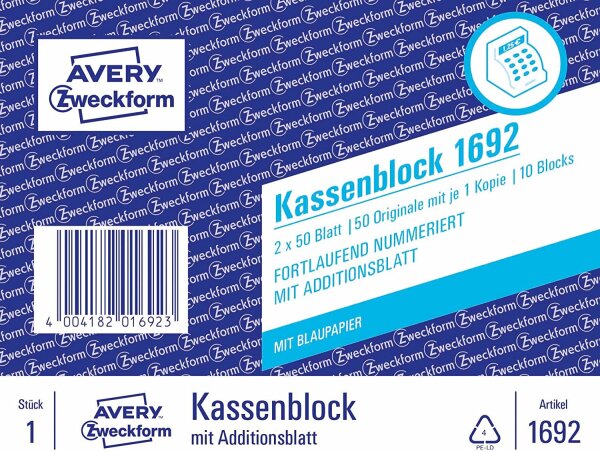 AVERY Zweckform 1692 Kassenblock (A6, 10-er Pack, 2 x 50 Blatt)