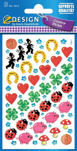 AVERY Zweckform 4413 Papier Sticker Glücksbringer 102 Aufkleber (für Jungen, Mädchen und Erwachsene, Gastgeschenk, Kindergeburtstag, Mitgebsel, Schatzsuche, zum Spielen, Sammeln, Basteln, Verschenken)