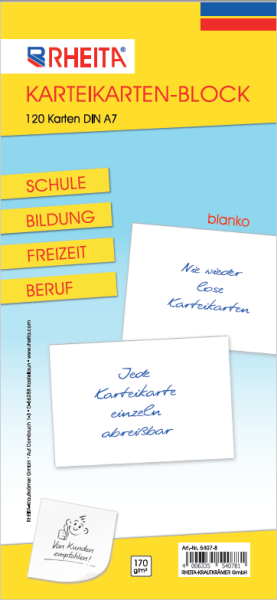 Karteikarten-Block blanko DIN A7 mit120 Karten 170g/m² ideal für Schule Bildung Freizeit u. Beruf