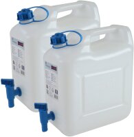 2er Set Hünersdorff Wasserkanister 12 Liter in Natur mit blauen Hahn zum Ausgießen