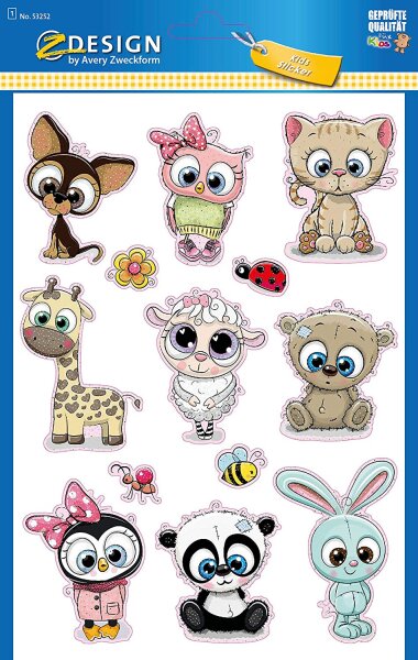 AVERY Zweckform 53252 Kinder Sticker 13 Aufkleber (extra groß, Tierbabies, mit Glitter, für Kinder zum Aufkleben, Kindergeburtstag, Mitgebsel, Gastgeschenke, Spiele, Schatzsuche)