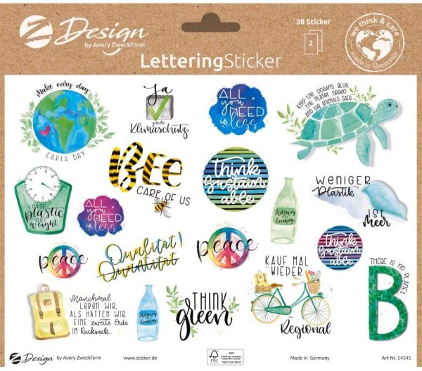 AVERY Zweckform 54545 Lettering Sticker 38 Aufkleber Umwelt Statements und Sprüche (Sticker auf A5 Bogen, Etiketten zur Nachhaltigkeit, Klebeetiketten aus FSC Papier)
