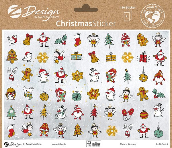 AVERY Zweckform 54614 Weihnachtsaufkleber 120 Stück Sterne Weihnachtsmann Lebkuchen (Weihnachtssticker auf A5 Bogen mit Goldprägung, Papier selbstklebend, Deko Weihnachten, Sterne gold)