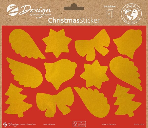AVERY Zweckform 54618 Weihnachtsaufkleber 24 Stück Goldsterne Flügel Tannenbaum (Weihnachtssticker auf A5 Bogen, Goldpapier selbstklebend, Deko Weihnachten, Weihnachtspost, Sterne gold)